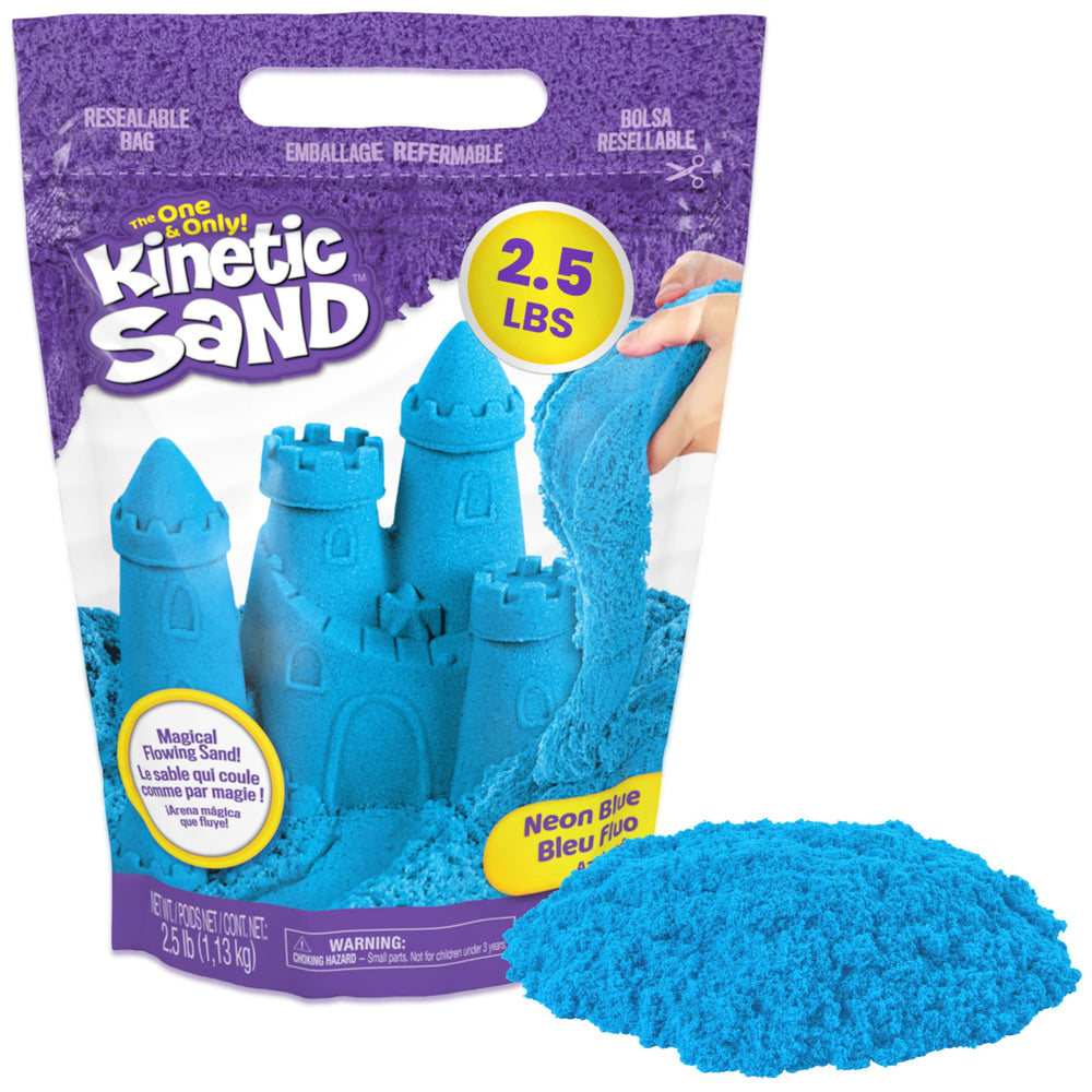 Kinetic Sand front packaging showing resealable bag and blue color benefit neat storage