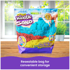 Kinetic Sand bag label close-up showing included 2lb red yellow blue details