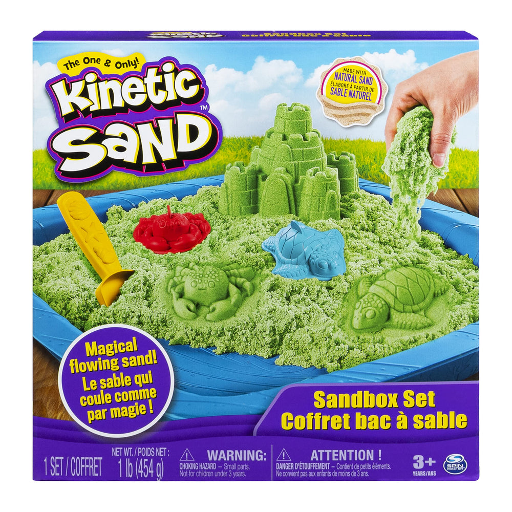 Kinetic Sand Sandbox Set with green sand and molds for creative play at home.