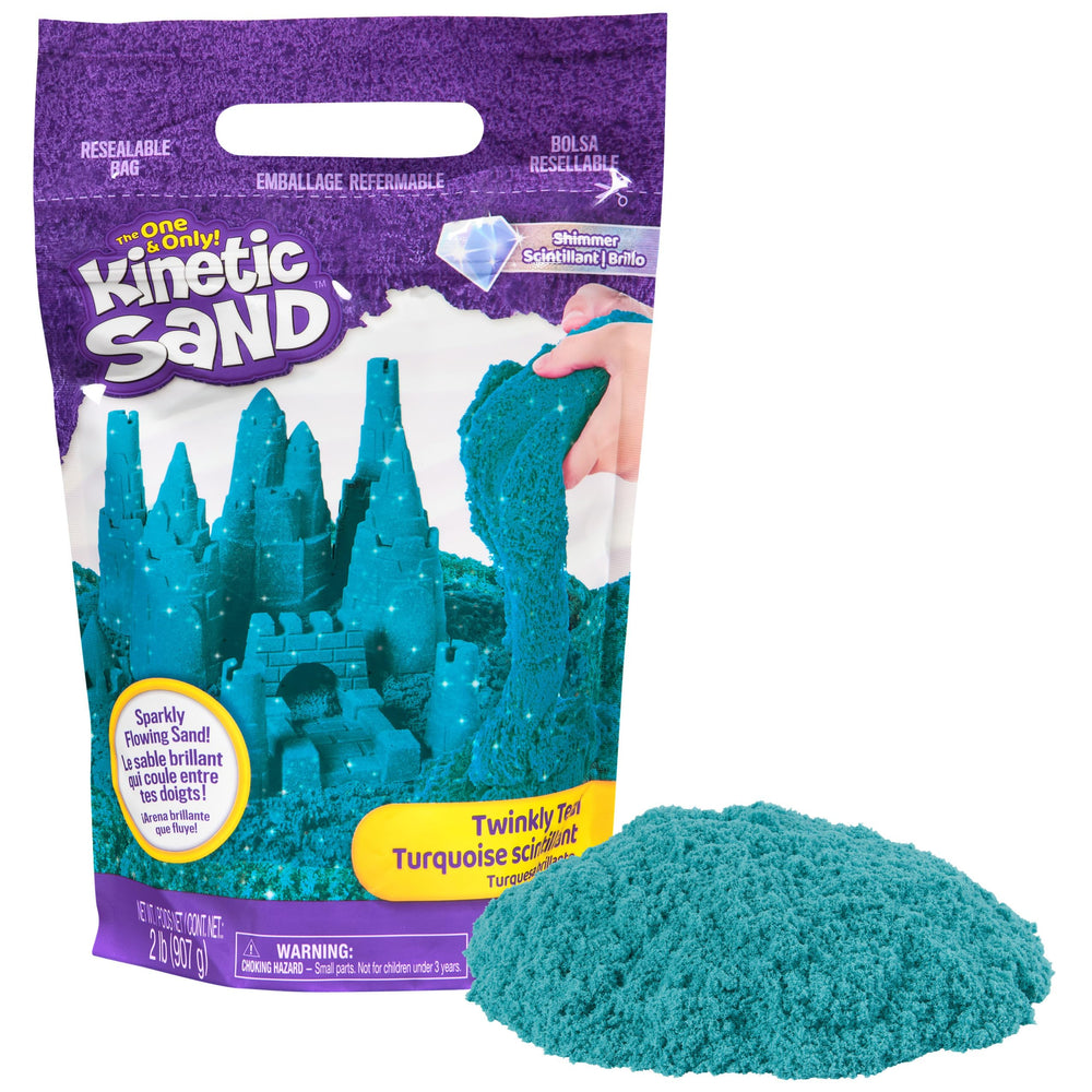 Kinetic Sand Twinkly Teal 2lb bag sparkling as you scoop and mold, ideal for creative play.