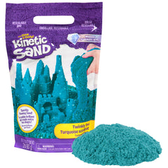 Kinetic Sand Twinkly Teal 2lb bag sparkling as you scoop and mold, ideal for creative play.