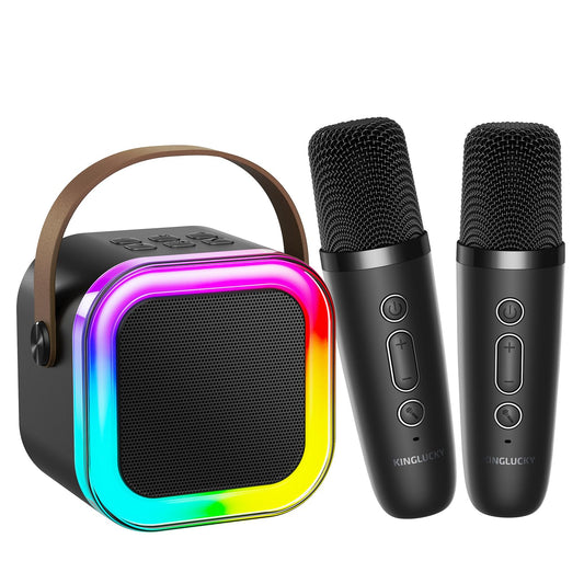 Kinglucky mini karaoke machine front view with two wireless mics for kid-friendly fun