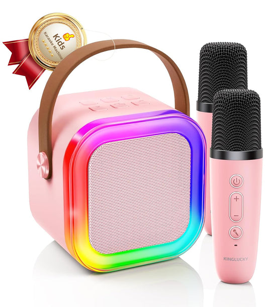 Kinglucky pink mini karaoke machine, front view, ideal for kids' home performances
