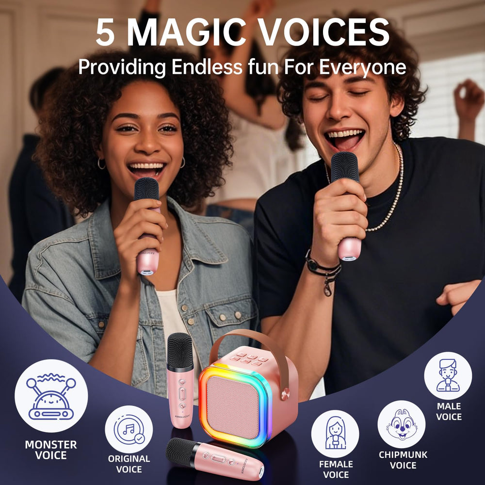 Kinglucky mini karaoke rose gold in-use scene with kids singing during family night.