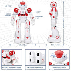 KingsDragon RC Robot with blue LED eyes guiding motion for entertainment.