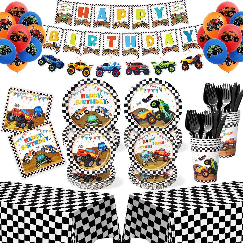 Kinovo Monster Truck banner brightens the party entrance, signaling a fun theme.