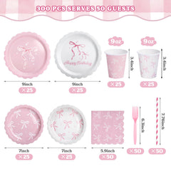 Kinovo pink bow 7-inch plates for kid party setups.
