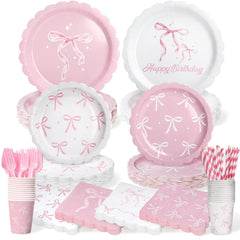 Kinovo pink bow 9-inch plates for elegant birthday table decor.