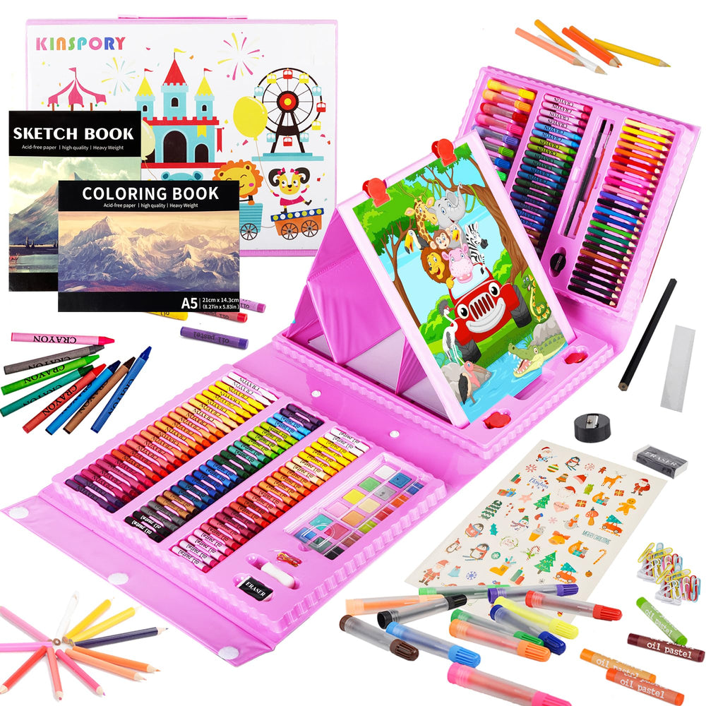 KINSPORY art sets 290-piece case showcasing vibrant supplies for kids and beginners.