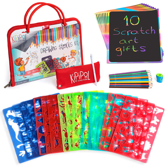 Kipipol 63-pcs drawing stencils in a travel bag for mess-free art on the go.
