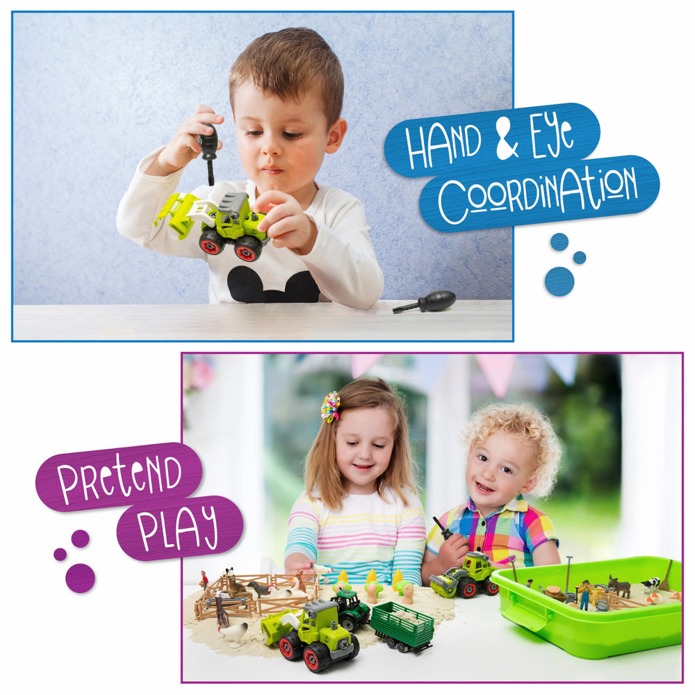 Three farm workers guide pretend play and cooperative learning.