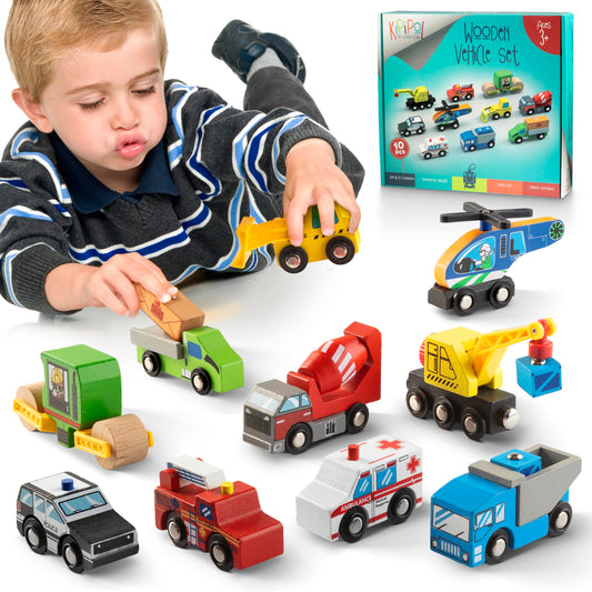Kipipol helicopter on wooden tracks for imaginative play and travel storage.