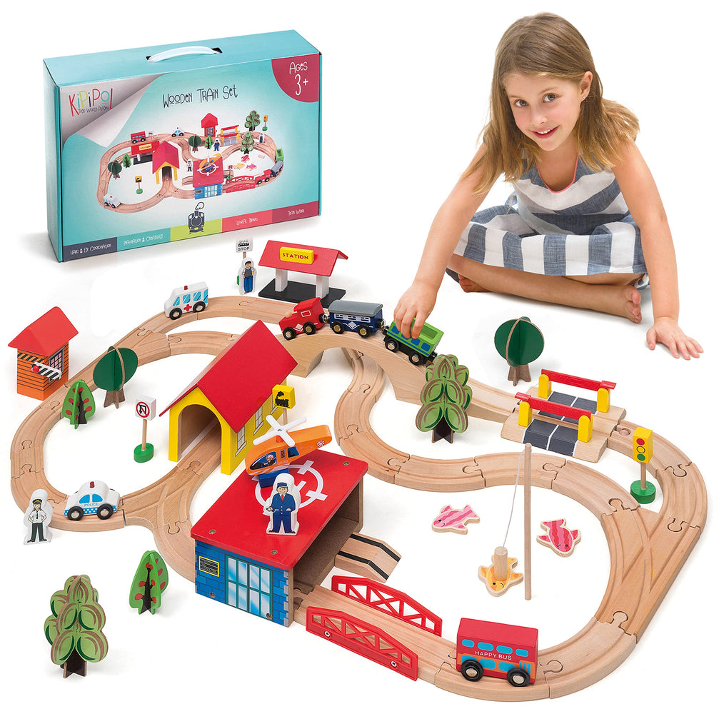 KipiPol wooden train set 69-piece collection promotes creative play and fine motor skills