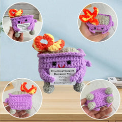 KivTovMo crochet dumpster fire face brings cozy personality to shelves.