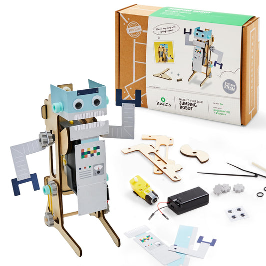 KiwiCo Jumping Robot kit assembly teaches hands-on engineering concepts.