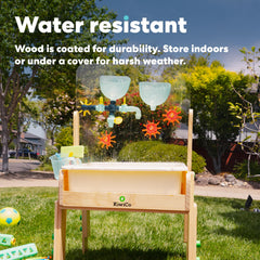 KiwiCo water and sand sensory table hydraulic play demonstrates simple engineering for toddlers.