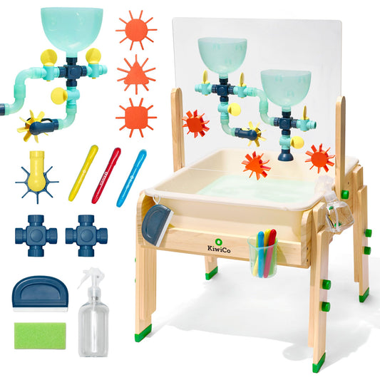 KiwiCo water and sand sensory table pipe system showcases adjustable tubes for creative play.