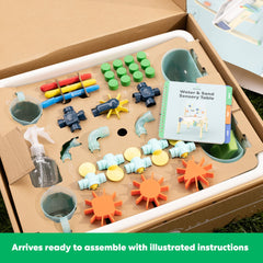 KiwiCo water and sand sensory table valves spinners show cause-effect in a splashy setup.