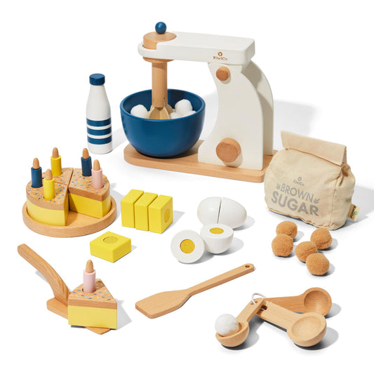 KiwiCo Bake-a-Cake Stand Mixer ingredients image, promoting pretend cooking and counting practice.