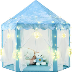 KIXINWA Frozen Princess Tent front view with LED snowflakes, cozy play space for kids.