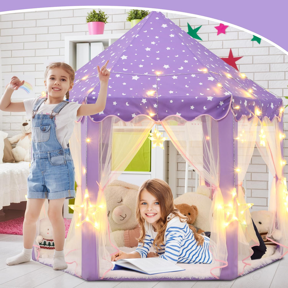 KIXINWA purple princess tent with LED star lights adds magical ambience.