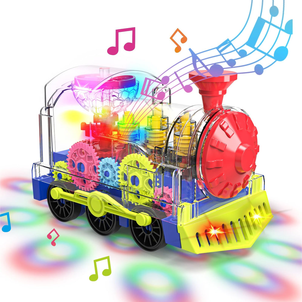 Kizeefun light up train toy with transparent gear showcasing movement for toddlers.