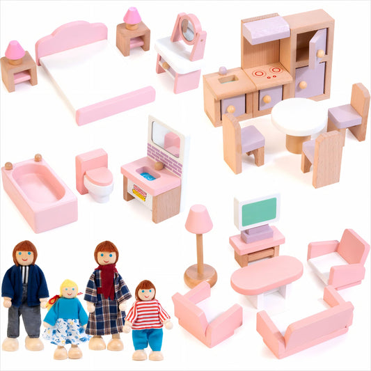 Kizfarm wooden dollhouse furniture in pink living room for imaginative play at home