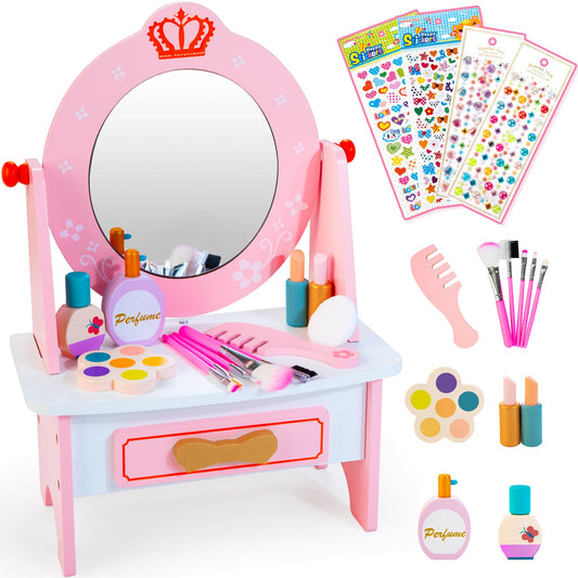 Kizfarm wooden vanity set with a 360° mirror for imaginative play