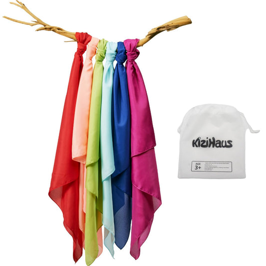kizihaus Play Scarves Set of 6 in storage bag, ideal for imaginative pretend play.
