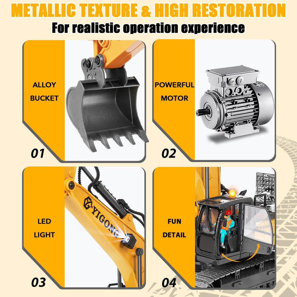 KIZJORYA RC excavator gravity-sensing blue mode for intuitive steering.