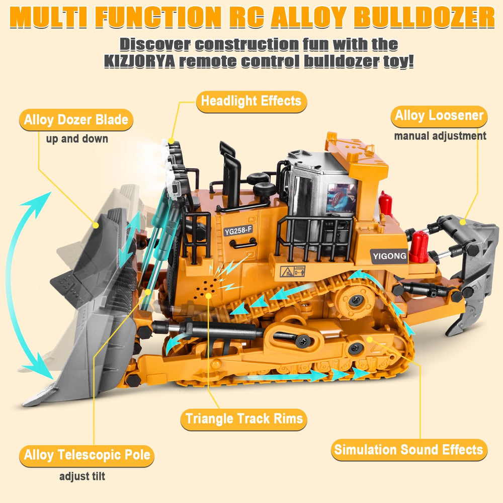 KIZJORYA RC bulldozer side profile highlights precise steering for kids