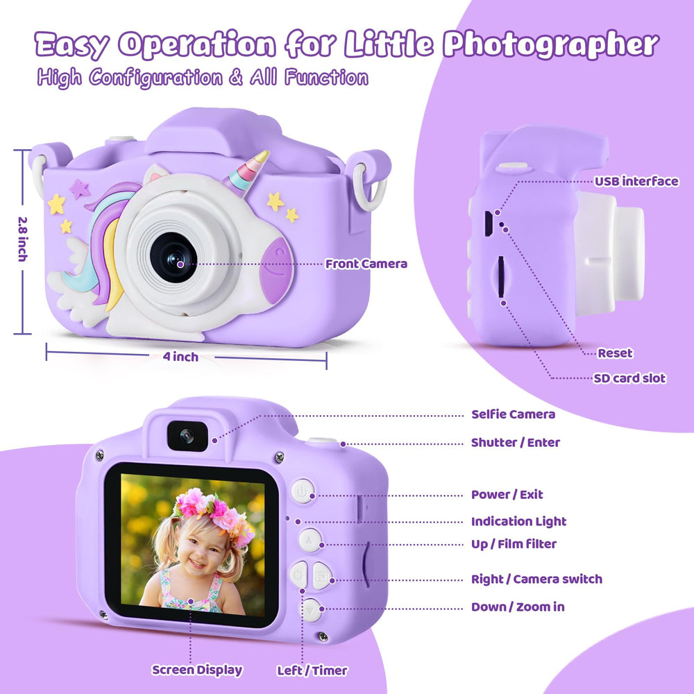 KIZJORYA upgraded kids camera package includes silicone cover and 32GB card.