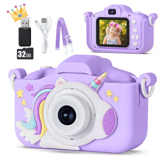 KIZJORYA 48MP kids camera front view with purple silicone cover for safe play.