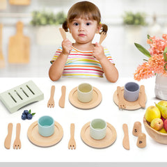 KizKnows wooden toy dish set in-play dining scene encouraging social play.