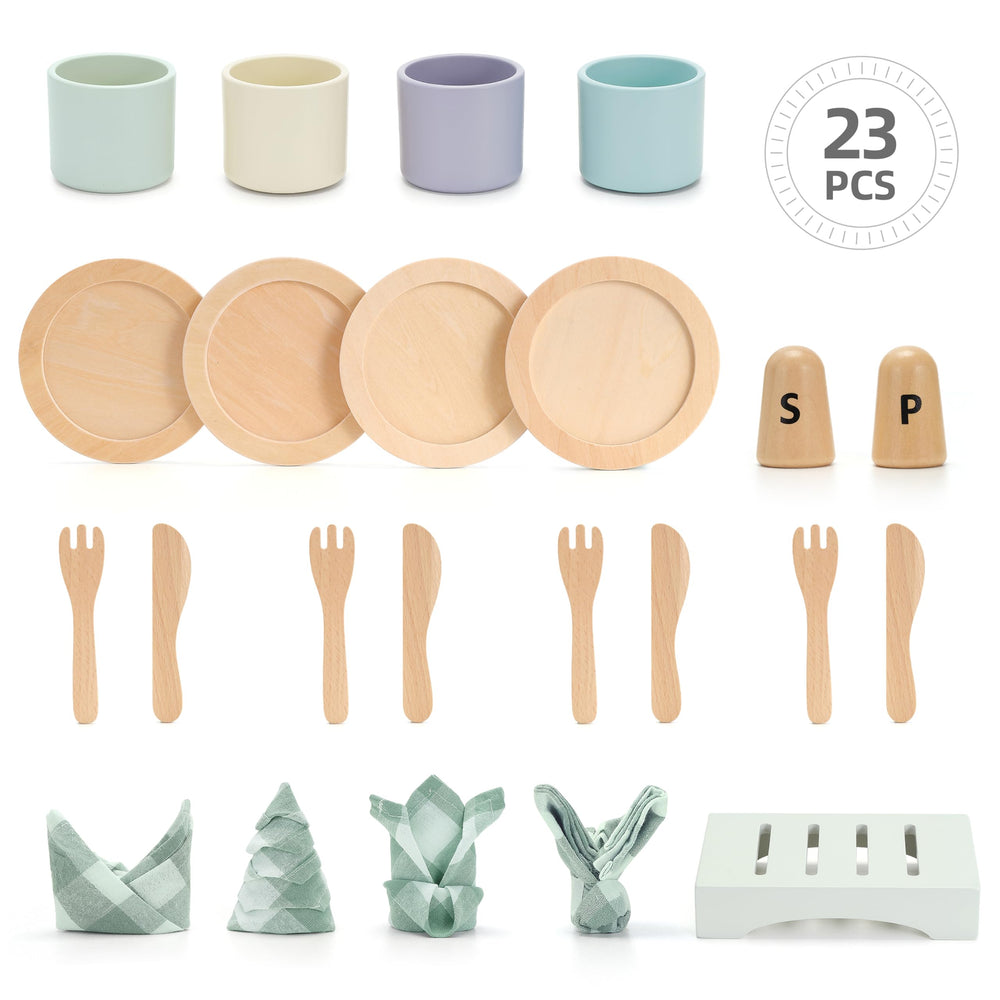 KizKnows wooden toy dish set placemats for realistic dining surfaces during play.