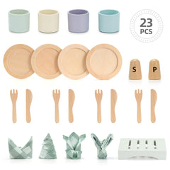KizKnows wooden toy dish set placemats for realistic dining surfaces during play.