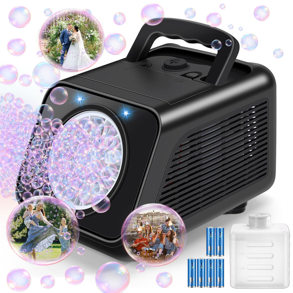 Kizmore bubble machine outdoors at a party creating continuous bubbles for kids.