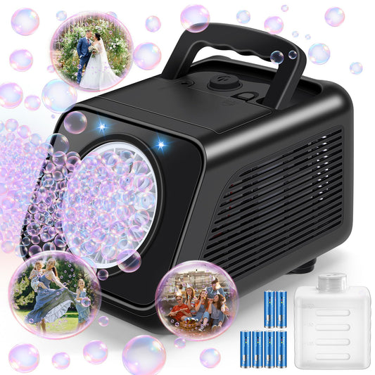 Kizmore bubble machine outdoors at a party creating continuous bubbles for kids.