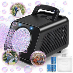 Kizmore bubble machine outdoors at a party creating continuous bubbles for kids.