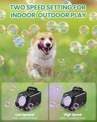 Kizmore bubble machine shown as a gift at an outdoor party.
