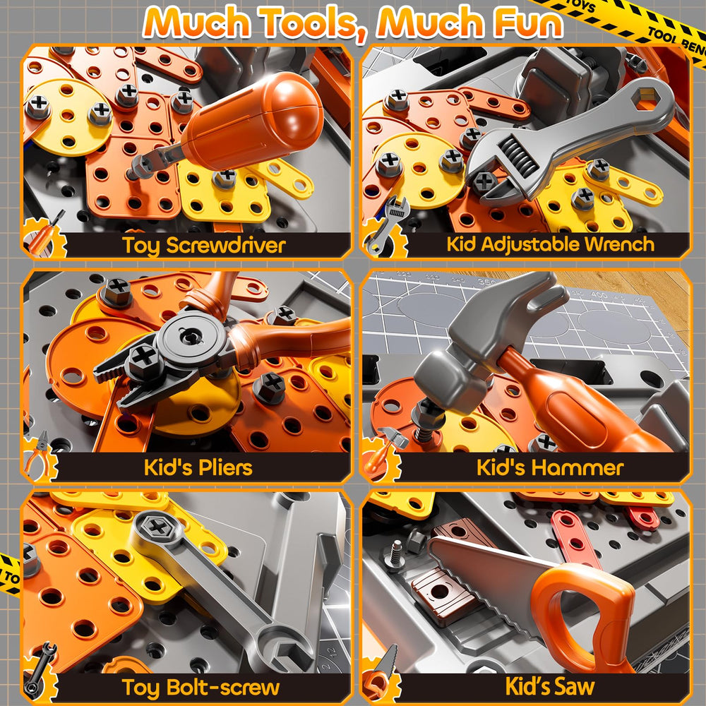 KIZONLY 145-piece toolkit close-up showing durable pretend tools