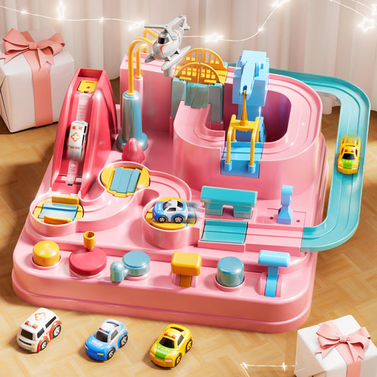 KIZONLY car race track pink front view promotes imaginative play and color recognition.