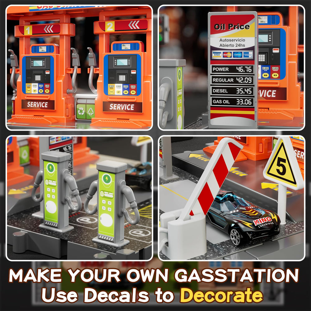 Interactive fueling actions with adjustable nozzles and changing prices.