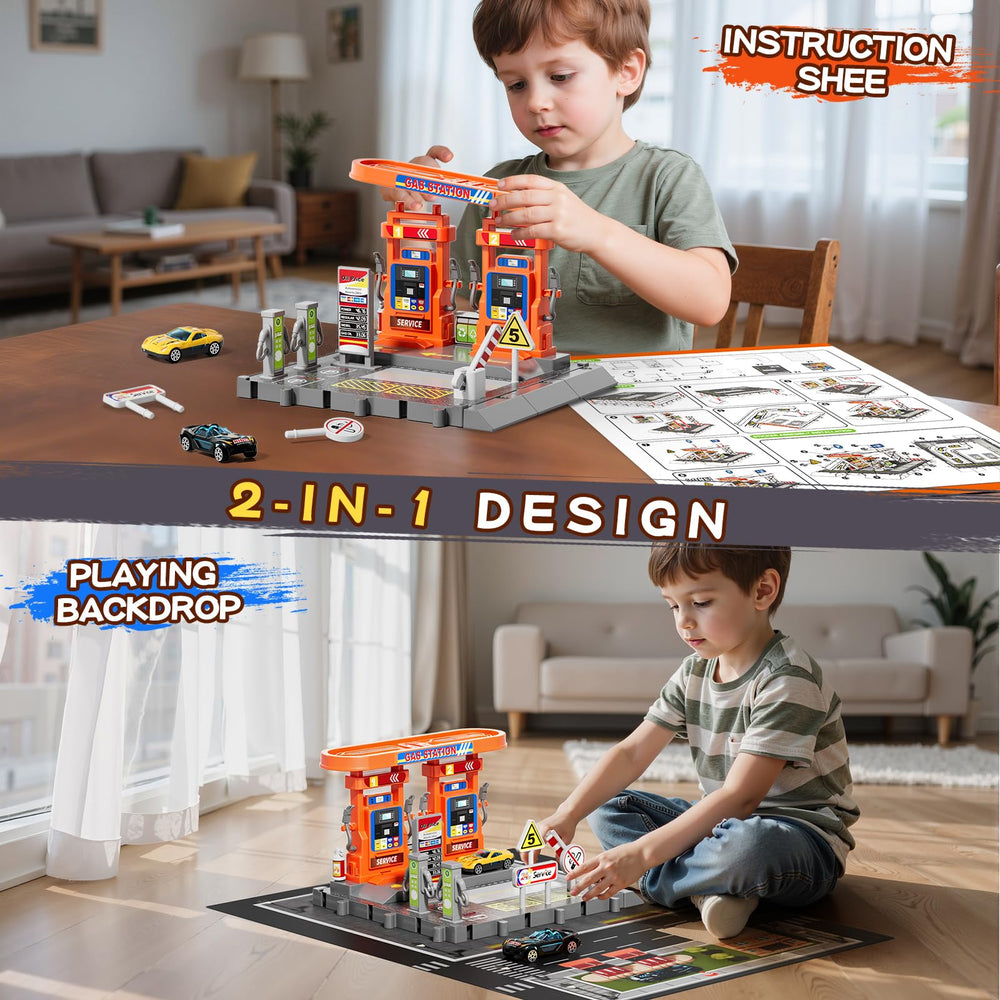 Backdrop sheet doubles as play scene and build manual for creativity.