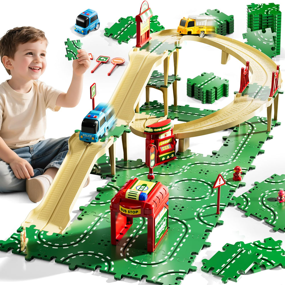 KIZONLY Puzzle Racer four-tier track set with cars for imaginative floor play