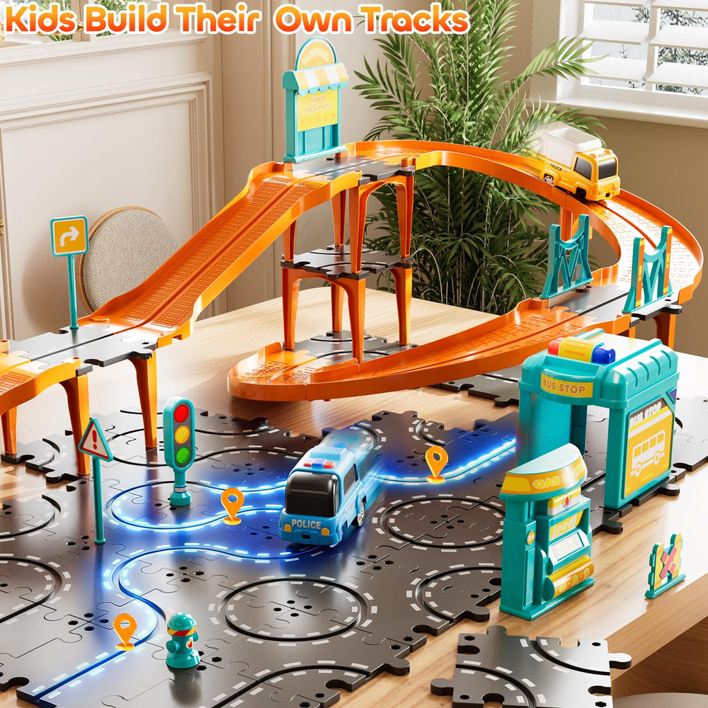 KIZONLY Puzzle Racer police car demonstrates themed play scenarios for kids.