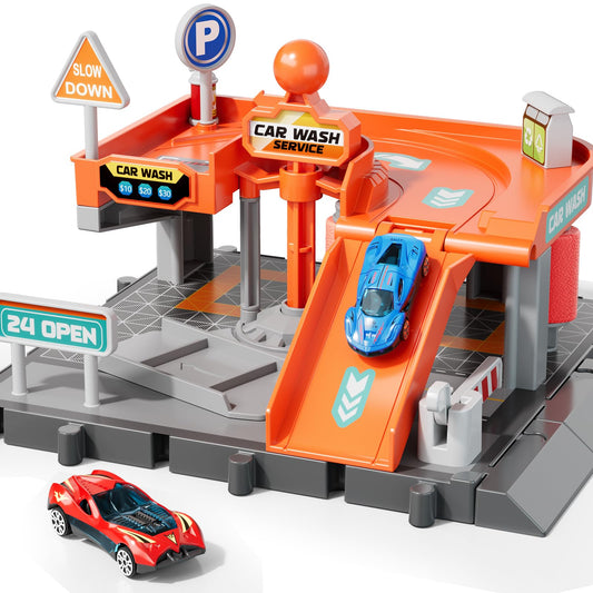 KIZONLY blue and red die-cast cars for imaginative play in a car wash scene