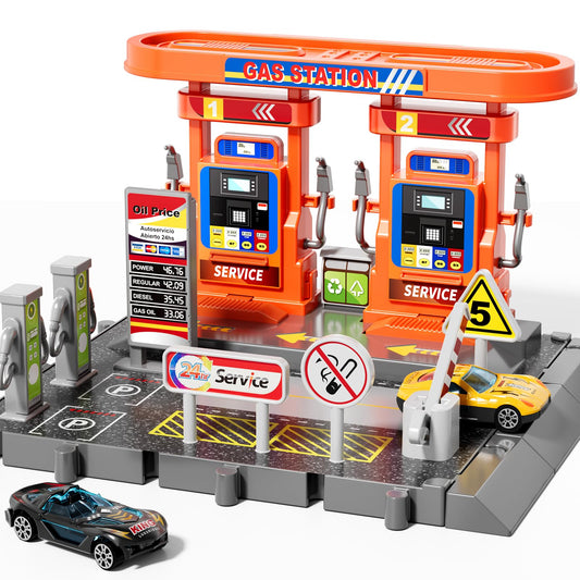 KIZONLY gas station playset with moveable hoses for imaginative refueling scenes.