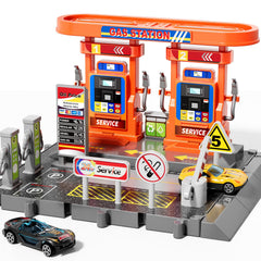 KIZONLY gas station playset with moveable hoses for imaginative refueling scenes.