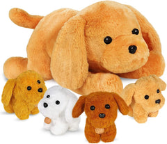 KIZZYEA mommy dog with four puppies in tummy plush, perfect for cozy cuddling.